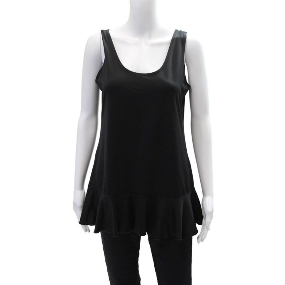 A'Nue Womens Cotton Sleevless Ruffled Trim Round Neck Tank Top Black Size L
